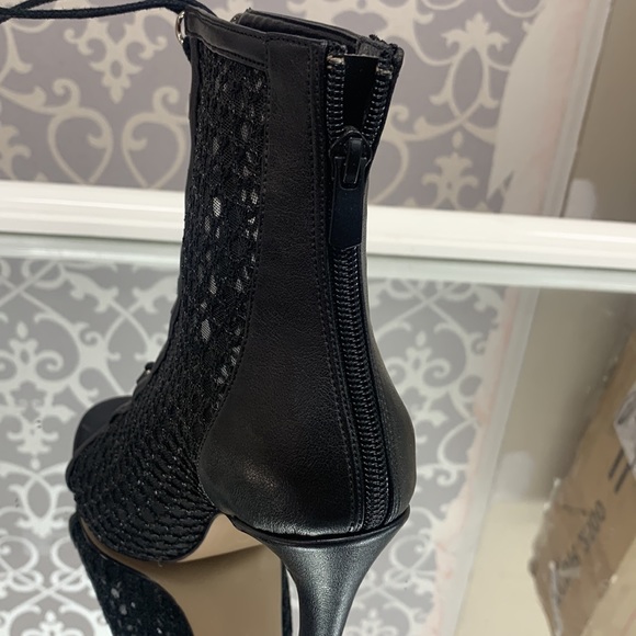 Women’s Fishnet Lace Up Stiletto Ankle Boots in Black Faux Leather and Zipper - Picture 7 of 10